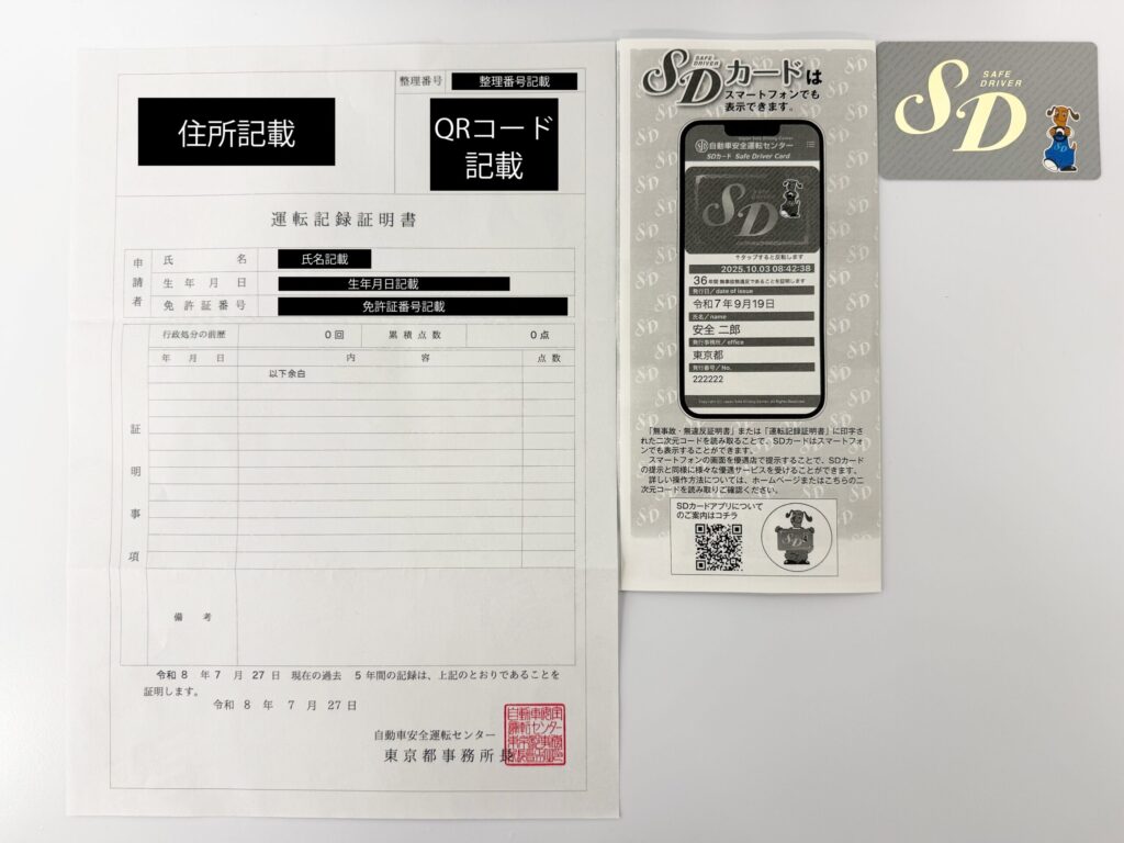 運転記録証明書を取り寄せたときの内容物